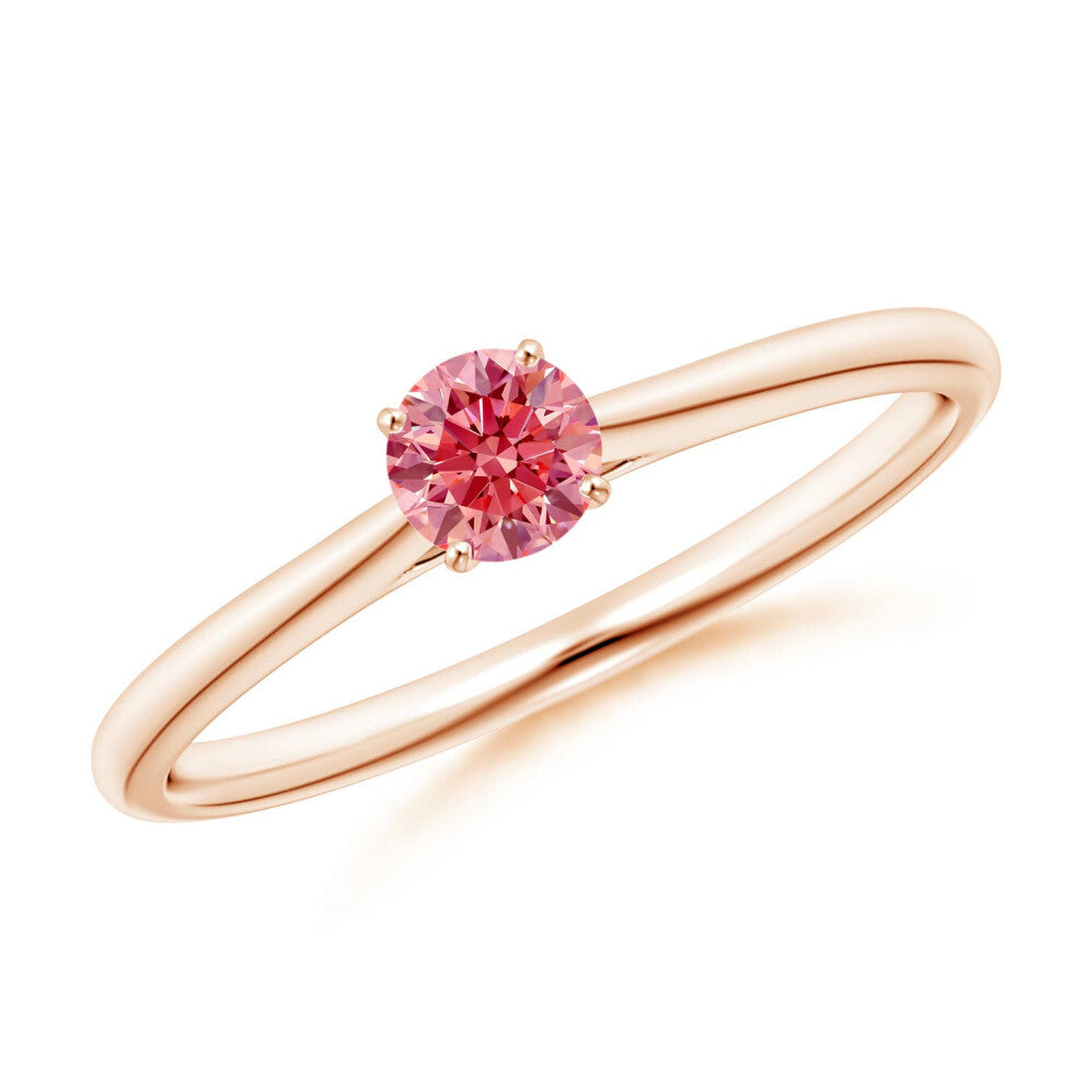 (P 1-2, 9ct Rose Gold) Angara Round Lab-Grown Fancy Intense Pink Diamond Tapered Cathedral Solitaire Engagement Ring for Women