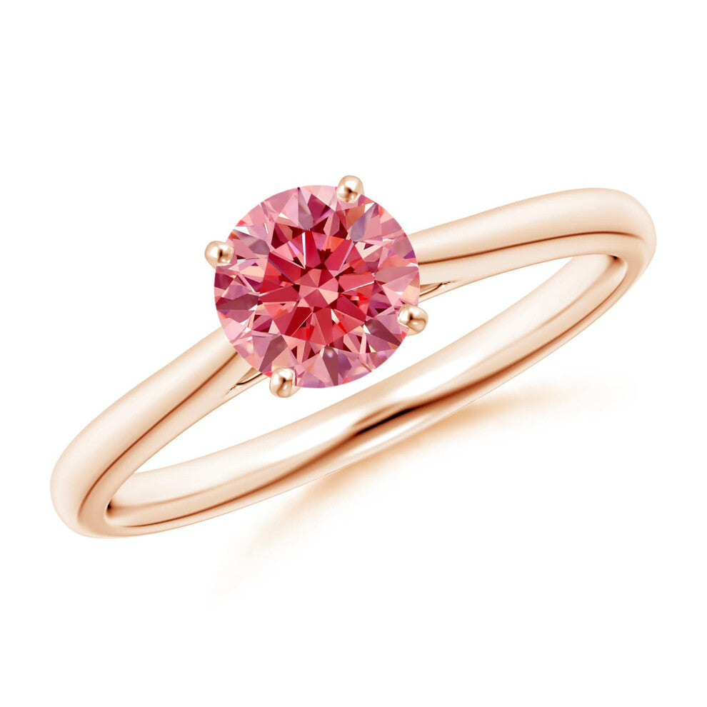 (Q 1-2, 9ct Rose Gold) Angara Round Lab-Grown Fancy Intense Pink Diamond Tapered Cathedral Solitaire Engagement Ring for Women