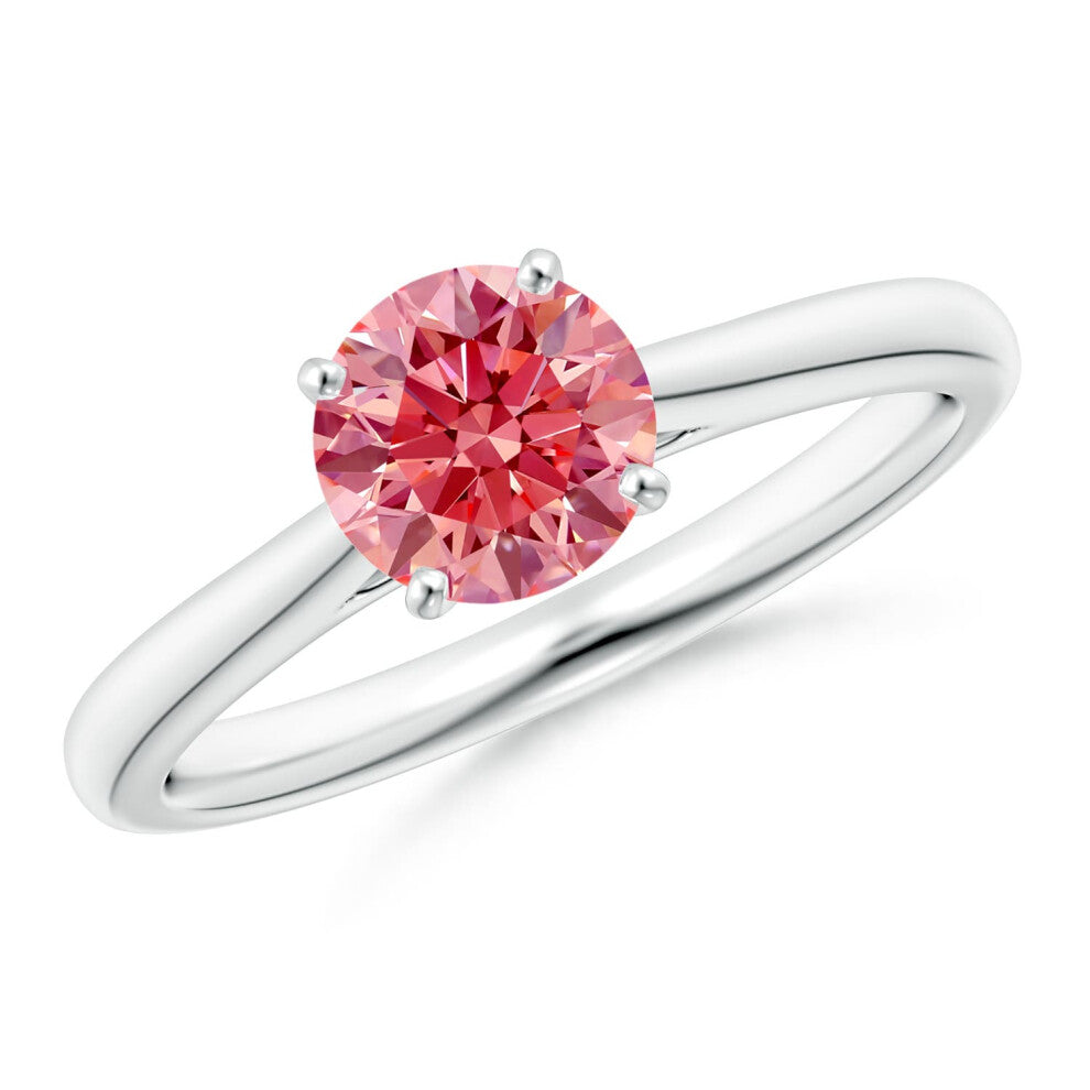 (N 1-2, 14ct White Gold) Angara Round Lab-Grown Fancy Intense Pink Diamond Tapered Cathedral Solitaire Engagement Ring for Women
