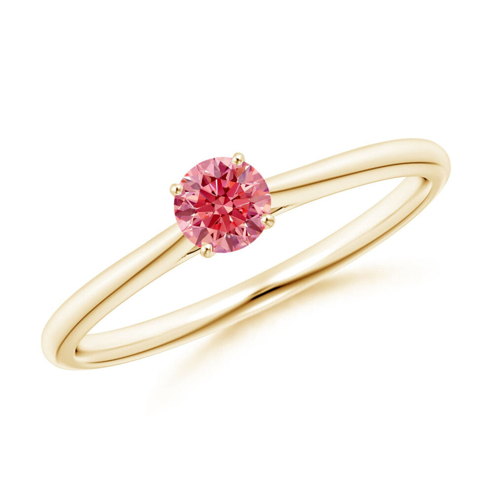 (K 1-2, 14ct Yellow Gold) Angara Round Lab-Grown Fancy Intense Pink Diamond Tapered Cathedral Solitaire Engagement Ring for Women