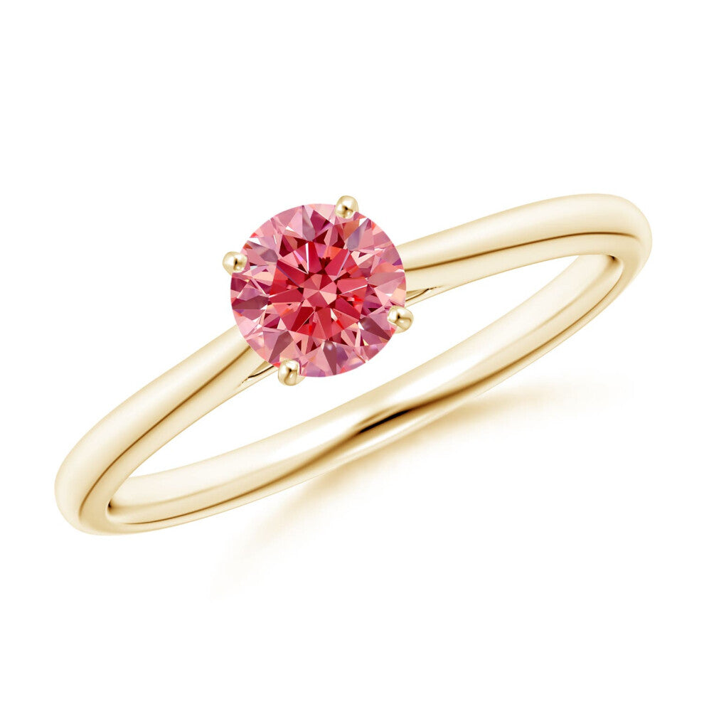 (O 1-2, 14ct Yellow Gold) Angara Round Lab-Grown Fancy Intense Pink Diamond Tapered Cathedral Solitaire Engagement Ring for Women