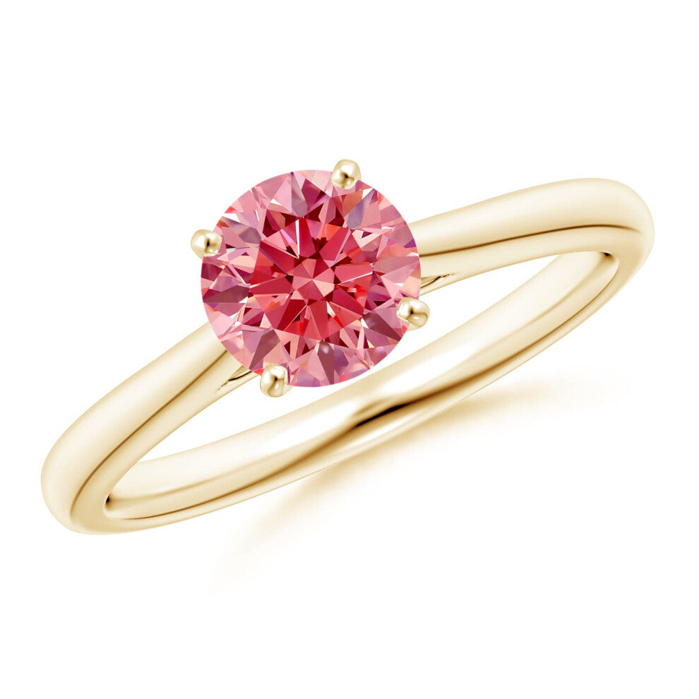 (O 1-2, 14ct Yellow Gold) Angara Round Lab-Grown Fancy Intense Pink Diamond Tapered Cathedral Solitaire Engagement Ring for Women
