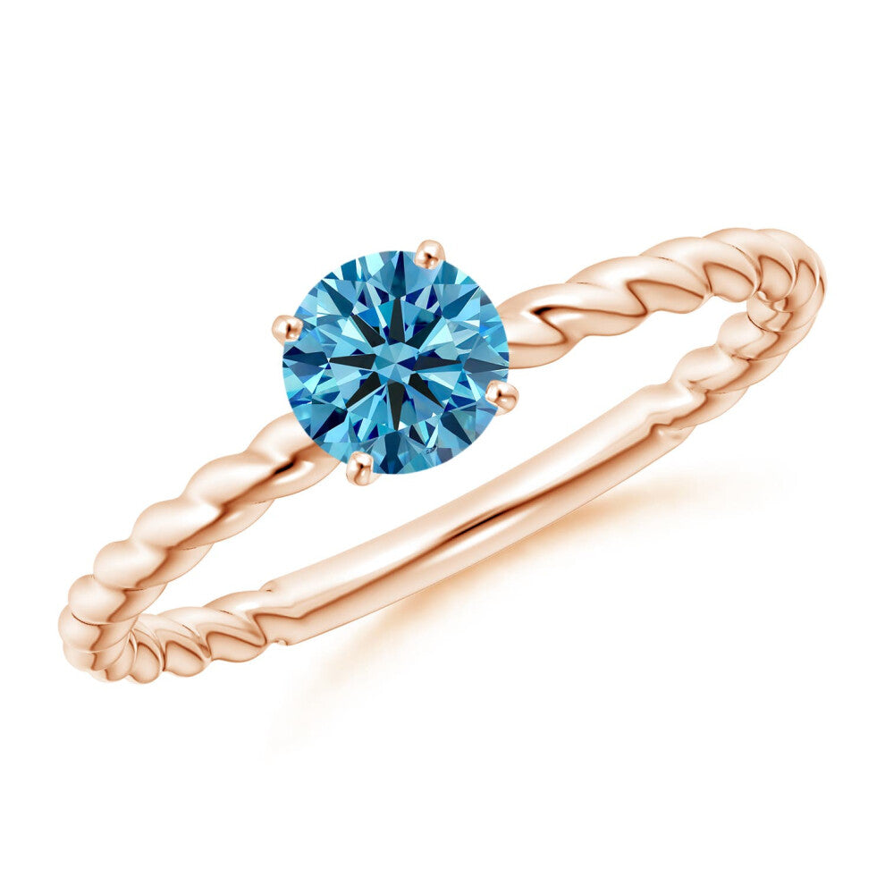 (S 1-2, 9ct Rose Gold) Angara Twisted Shank Round Lab-Grown Fancy Intense Blue Diamond Solitaire Engagement Ring for Women