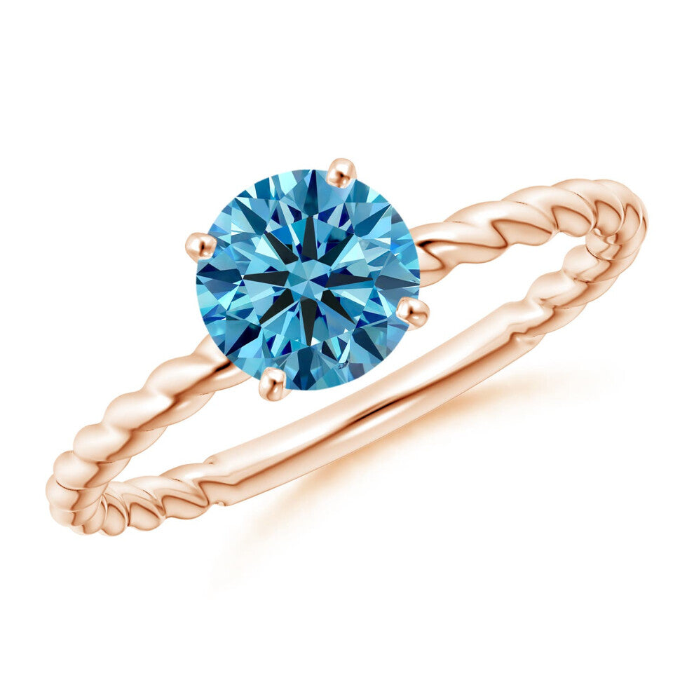 (M 1-2, 9ct Rose Gold) Angara Twisted Shank Round Lab-Grown Fancy Intense Blue Diamond Solitaire Engagement Ring for Women