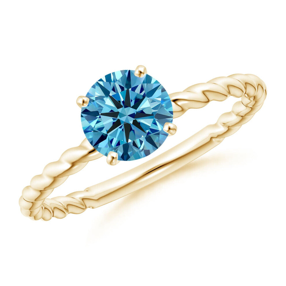 (P 1-2, 9ct Yellow Gold) Angara Twisted Shank Round Lab-Grown Fancy Intense Blue Diamond Solitaire Engagement Ring for Women