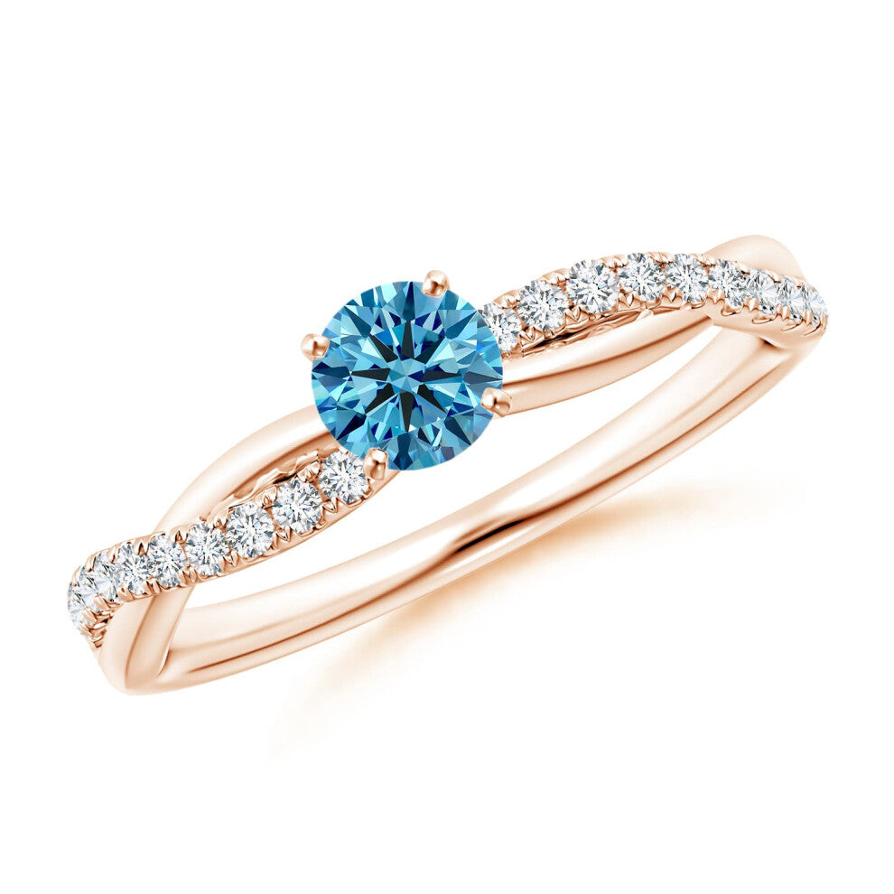(O 1-2, 14ct Rose Gold) Angara Solitaire Lab-Grown Fancy Intense Blue Diamond Twist Shank Engagement Ring with Accents for Women