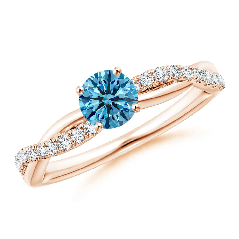 (N 1-2, 9ct Rose Gold) Angara Solitaire Lab-Grown Fancy Intense Blue Diamond Twist Shank Engagement Ring with Accents for Women