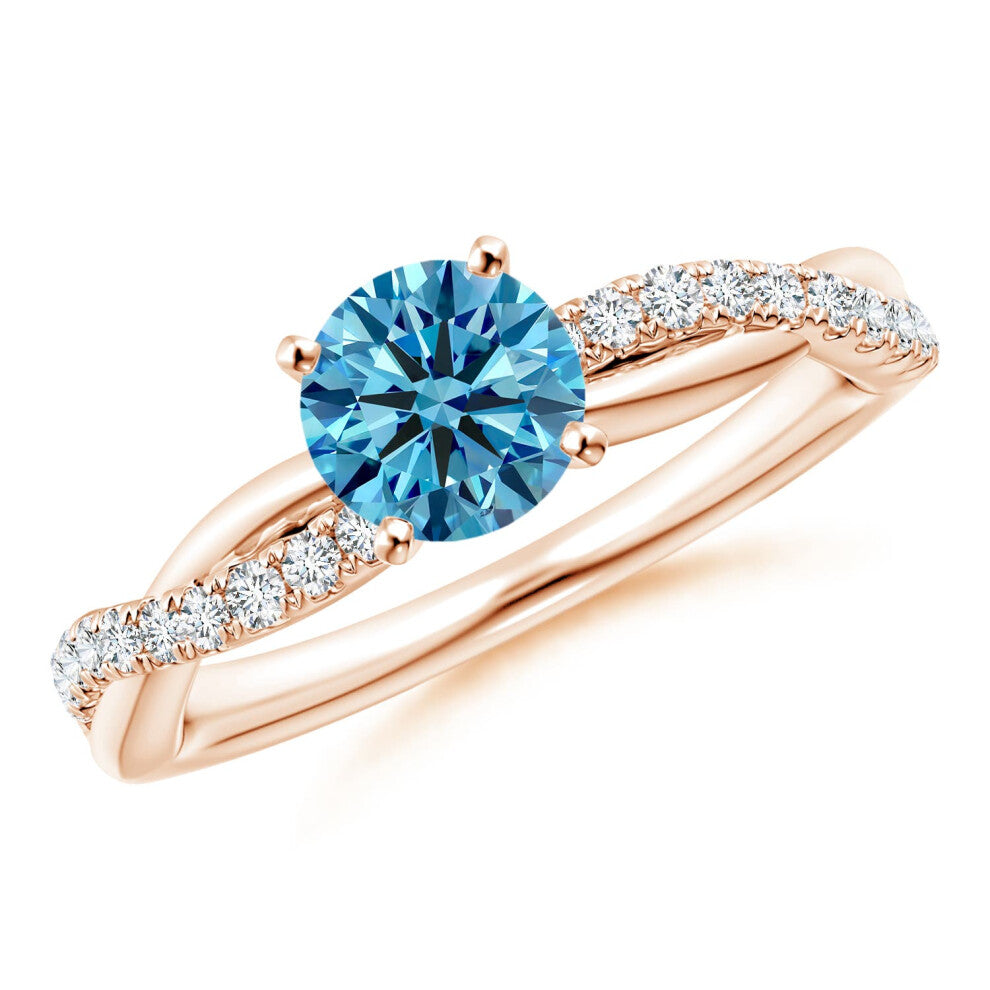 (Q 1-2, 9ct Rose Gold) Angara Solitaire Lab-Grown Fancy Intense Blue Diamond Twist Shank Engagement Ring with Accents for Women