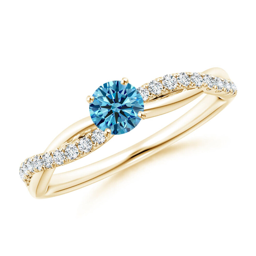 (T 1-2, 14ct Yellow Gold) Angara Solitaire Lab-Grown Fancy Intense Blue Diamond Twist Shank Engagement Ring with Accents for Women