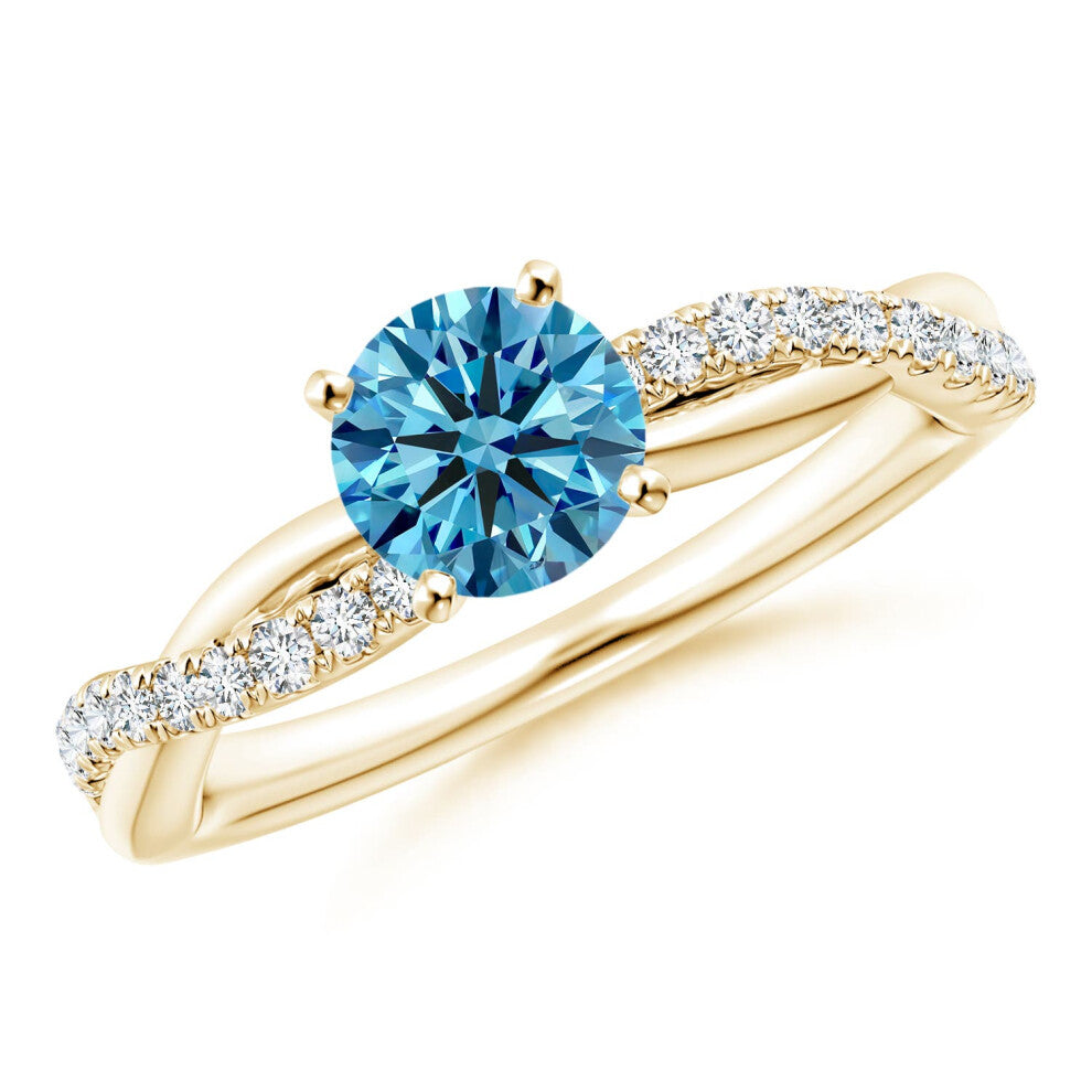 (S 1-2, 9ct Yellow Gold) Angara Solitaire Lab-Grown Fancy Intense Blue Diamond Twist Shank Engagement Ring with Accents for Women