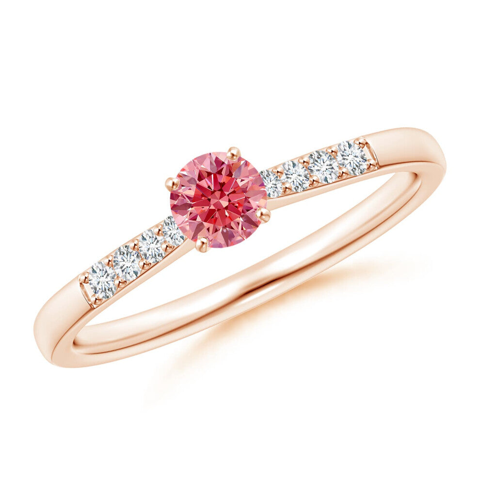 (S 1-2, 14ct Rose Gold) Angara Solitaire Lab-Grown Fancy Intense Pink Diamond Tapered Shank Engagement Ring with Accents for Women