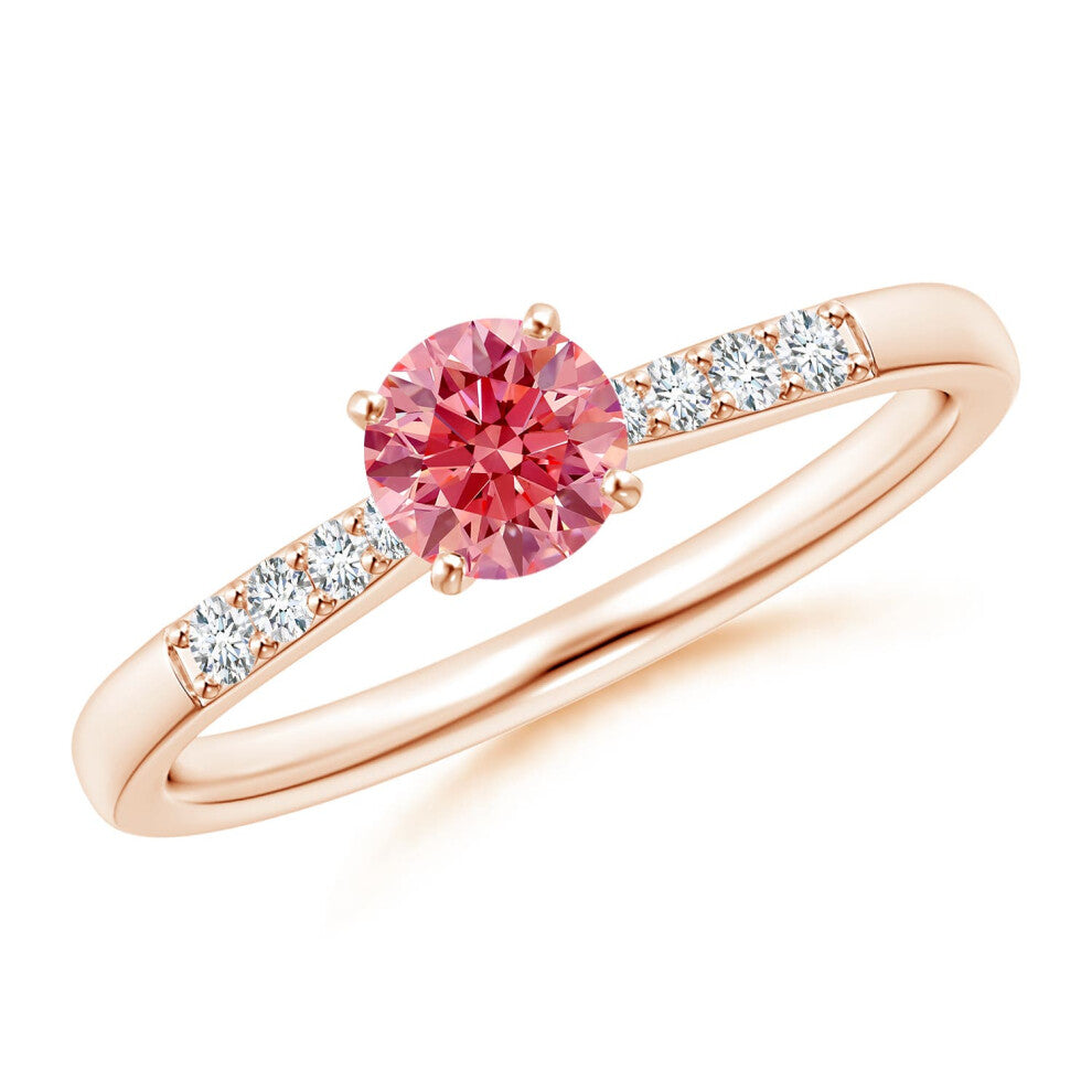 (P 1-2, 14ct Rose Gold) Angara Solitaire Lab-Grown Fancy Intense Pink Diamond Tapered Shank Engagement Ring with Accents for Women