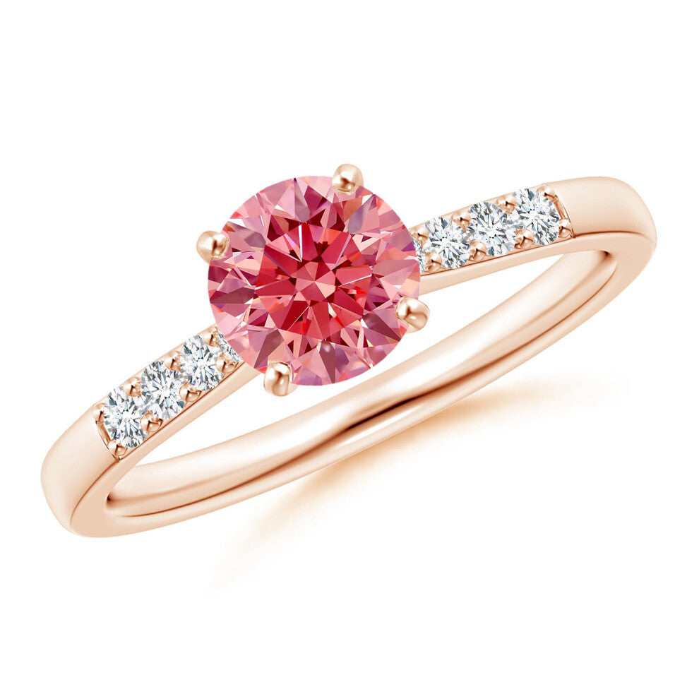 (L 1-2, 9ct Rose Gold) Angara Solitaire Lab-Grown Fancy Intense Pink Diamond Tapered Shank Engagement Ring with Accents for Women