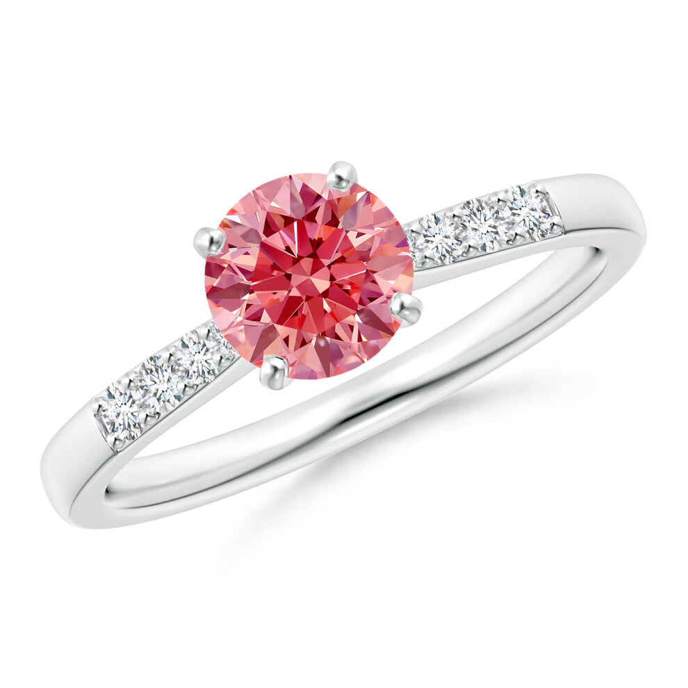 (O 1-2, 14ct White Gold) Angara Solitaire Lab-Grown Fancy Intense Pink Diamond Tapered Shank Engagement Ring with Accents for Women