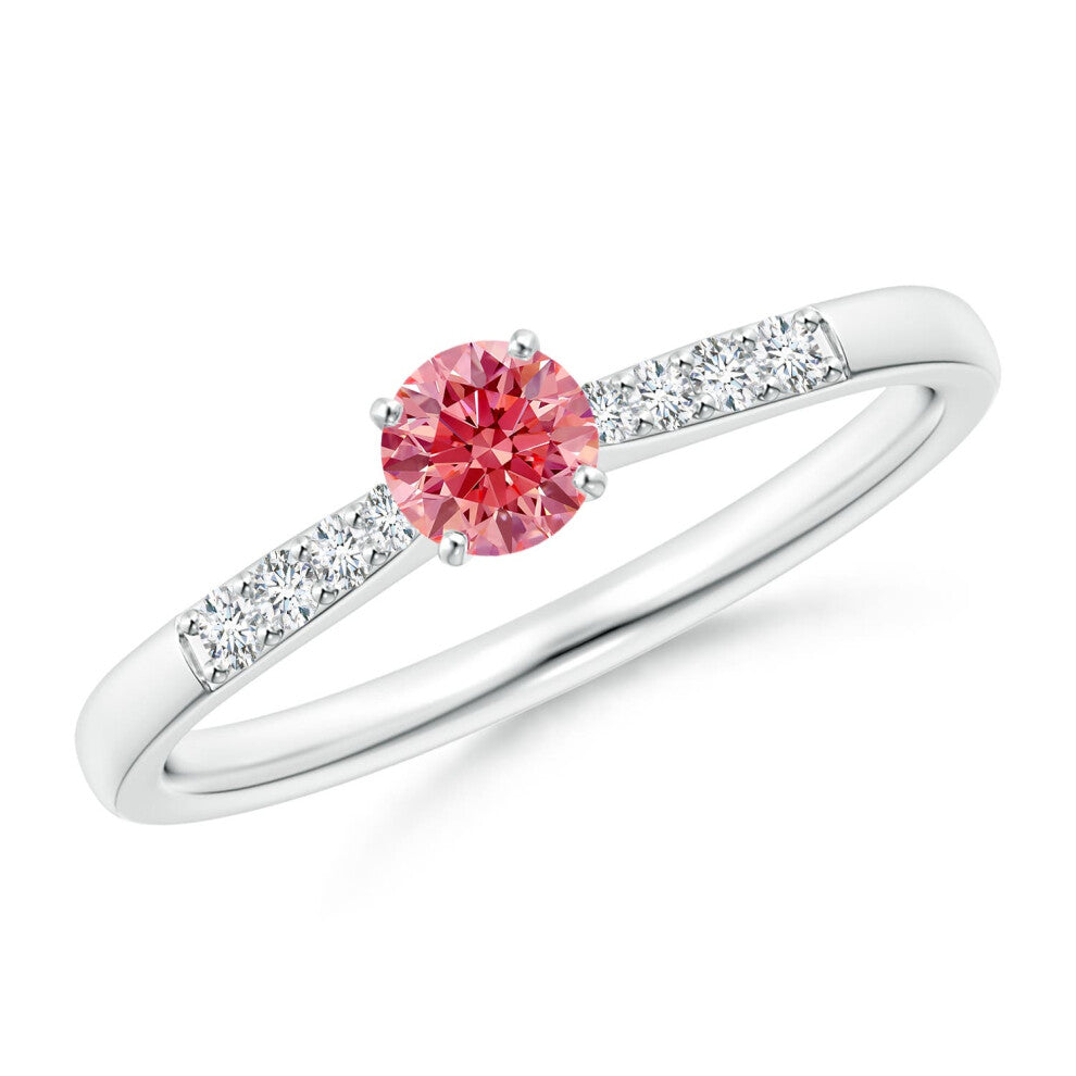 (S 1-2, 9ct White Gold) Angara Solitaire Lab-Grown Fancy Intense Pink Diamond Tapered Shank Engagement Ring with Accents for Women