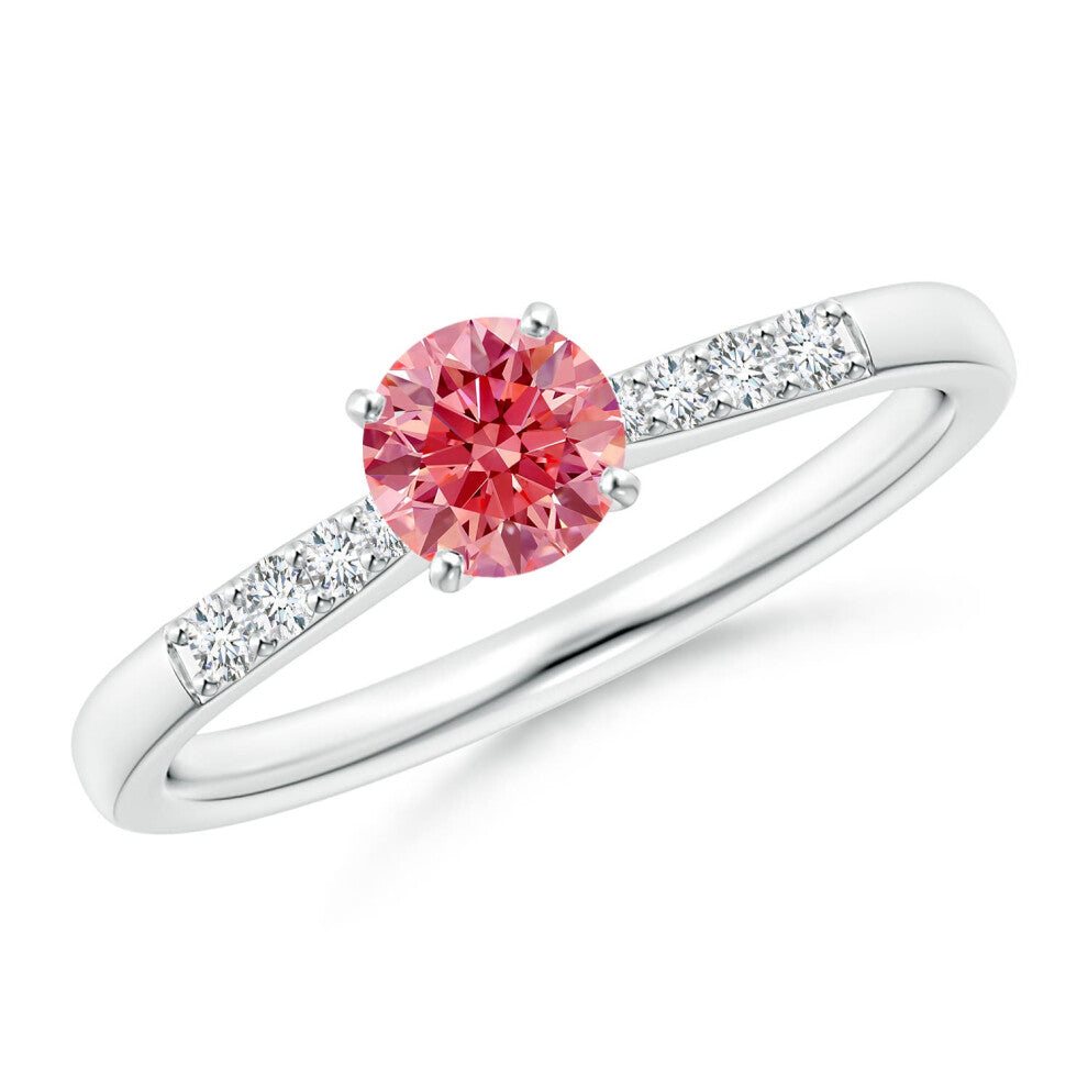 (S 1-2, 9ct White Gold) Angara Solitaire Lab-Grown Fancy Intense Pink Diamond Tapered Shank Engagement Ring with Accents for Women
