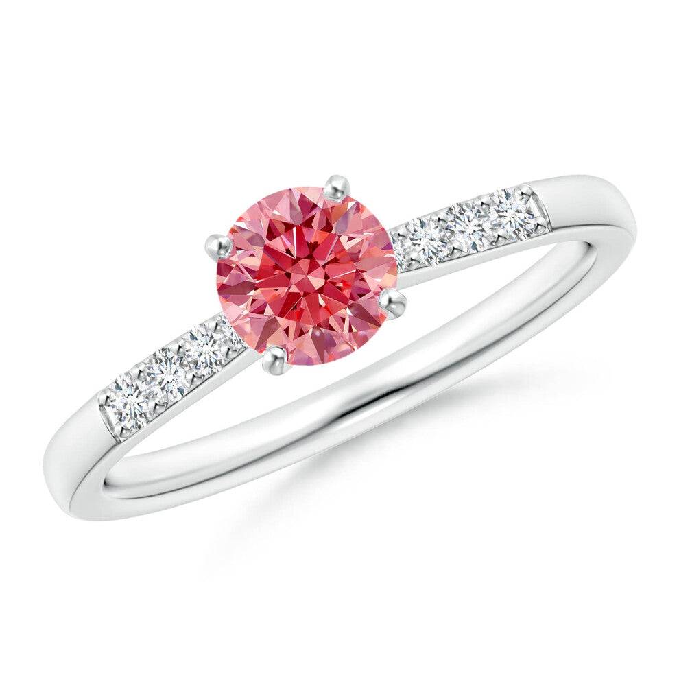 (L 1-2, 9ct White Gold) Angara Solitaire Lab-Grown Fancy Intense Pink Diamond Tapered Shank Engagement Ring with Accents for Women