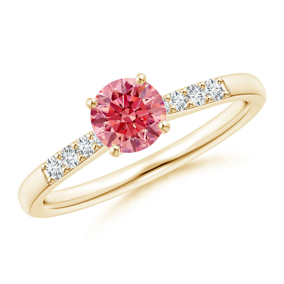 (Q 1-2, 14ct Yellow Gold) Angara Solitaire Lab-Grown Fancy Intense Pink Diamond Tapered Shank Engagement Ring with Accents for Women