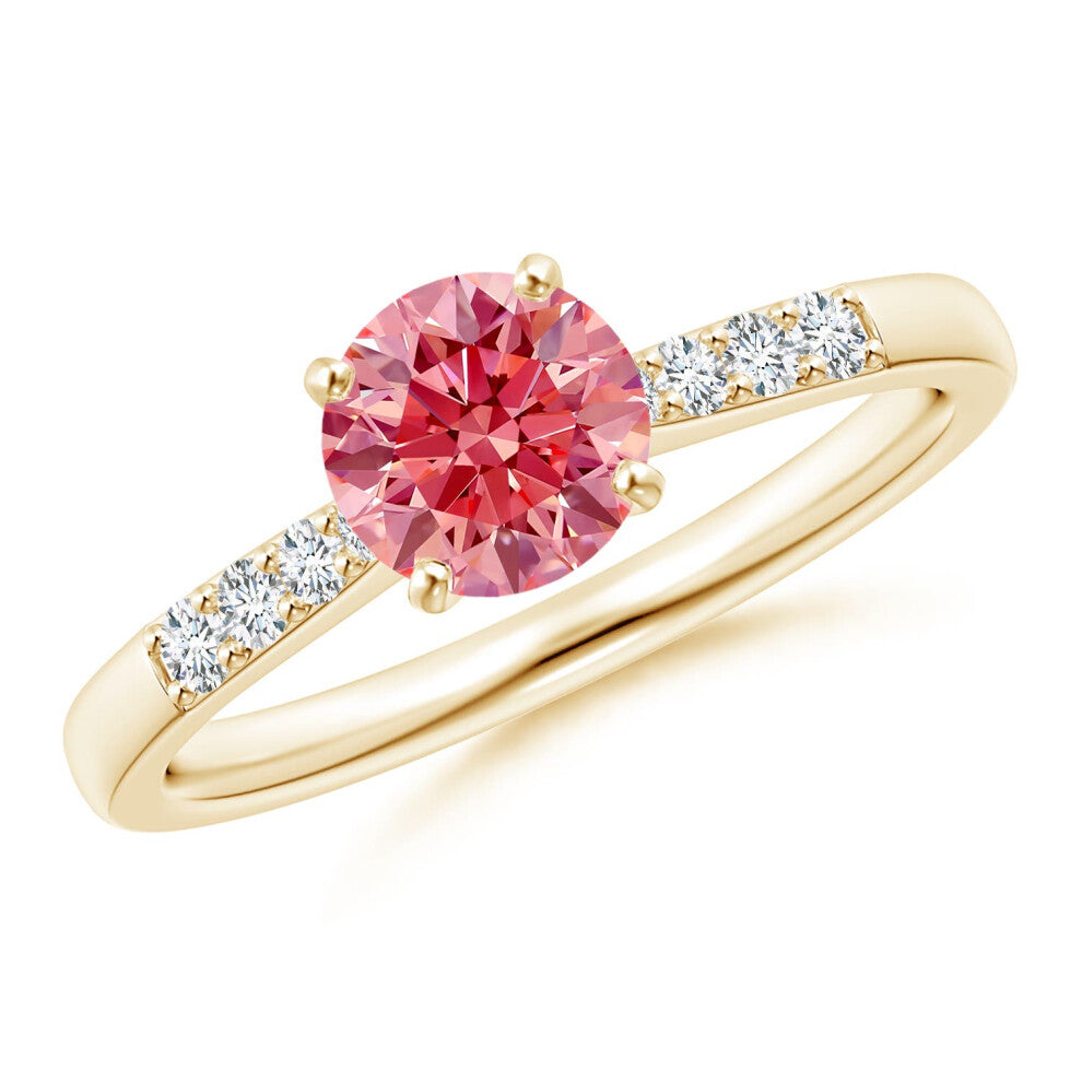 (L 1-2, 14ct Yellow Gold) Angara Solitaire Lab-Grown Fancy Intense Pink Diamond Tapered Shank Engagement Ring with Accents for Women