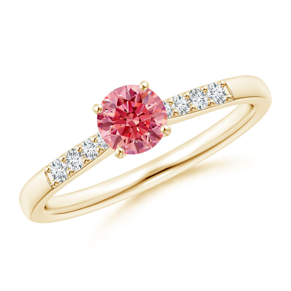 (Q 1-2, 9ct Yellow Gold) Angara Solitaire Lab-Grown Fancy Intense Pink Diamond Tapered Shank Engagement Ring with Accents for Women
