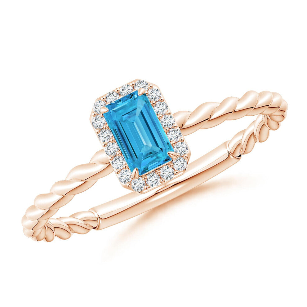 (T 1-2, 14ct Rose Gold) Angara Emerald-Cut Lab-Grown Fancy Intense Blue Diamond Halo Twisted Shank Engagement Ring for Women