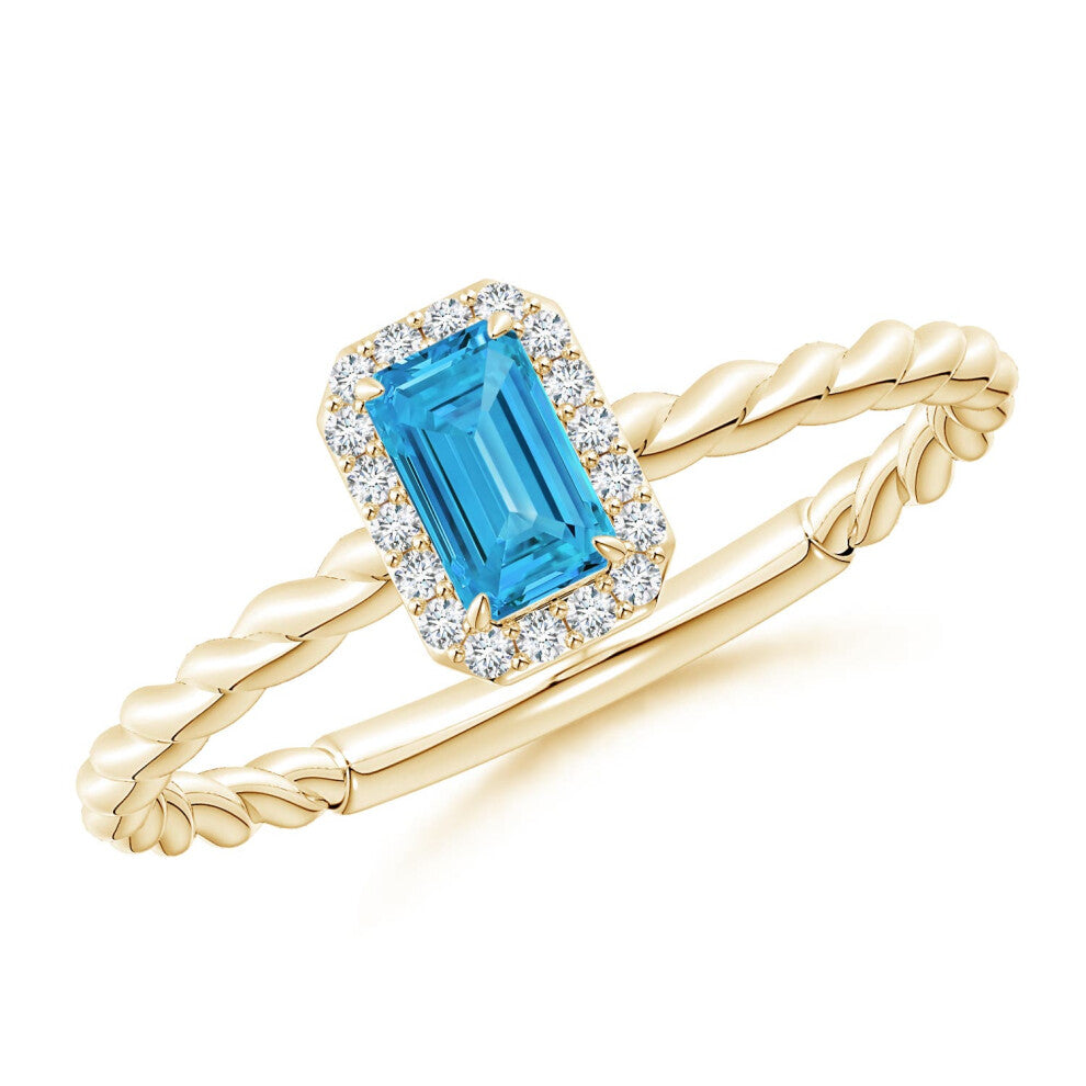 (M 1-2, 14ct Yellow Gold) Angara Emerald-Cut Lab-Grown Fancy Intense Blue Diamond Halo Twisted Shank Engagement Ring for Women