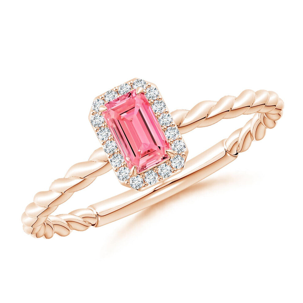 (P 1-2, 14ct Rose Gold) Angara Emerald-Cut Lab-Grown Fancy Intense Pink Diamond Halo Twisted Shank Engagement Ring for Women