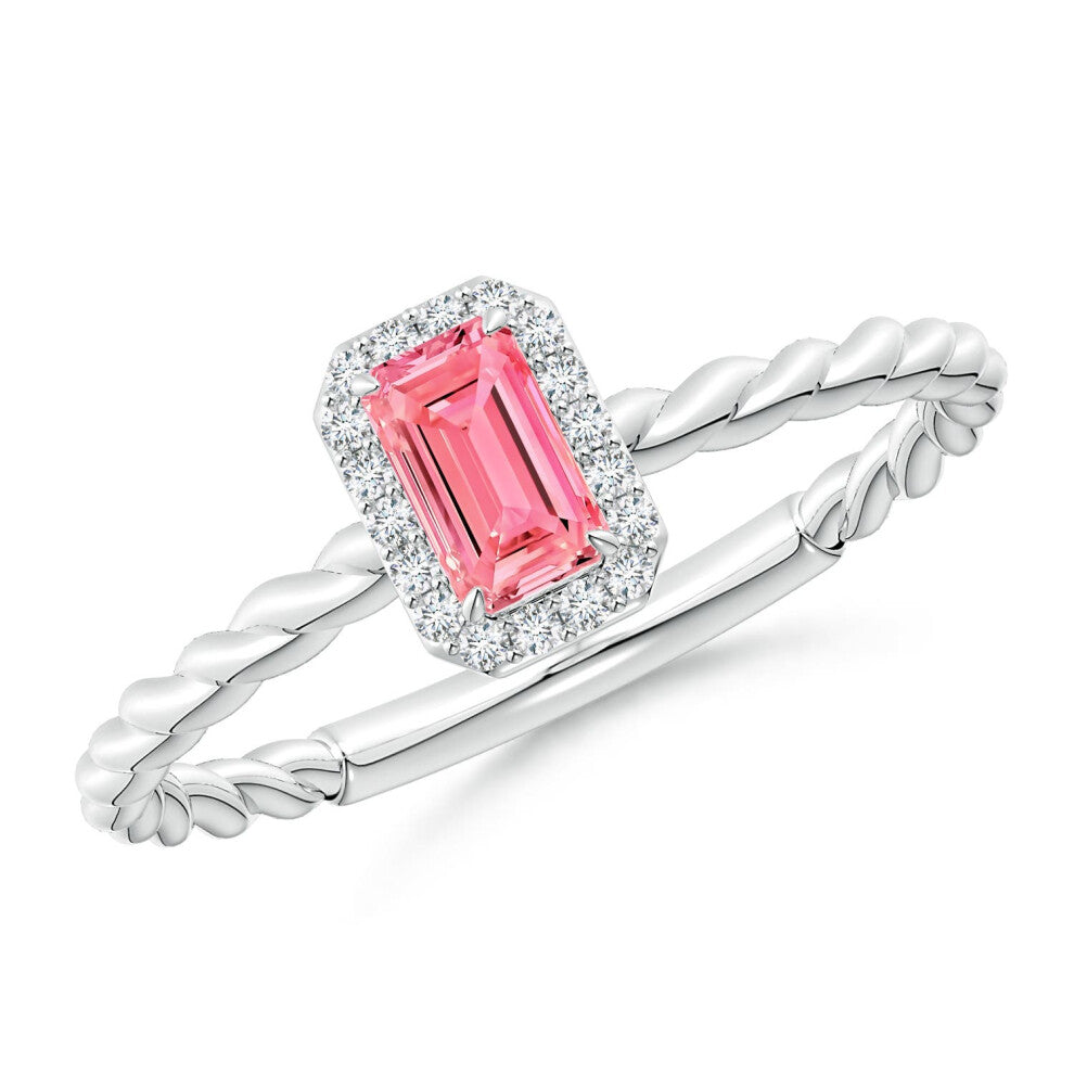 (P 1-2, 9ct White Gold) Angara Emerald-Cut Lab-Grown Fancy Intense Pink Diamond Halo Twisted Shank Engagement Ring for Women