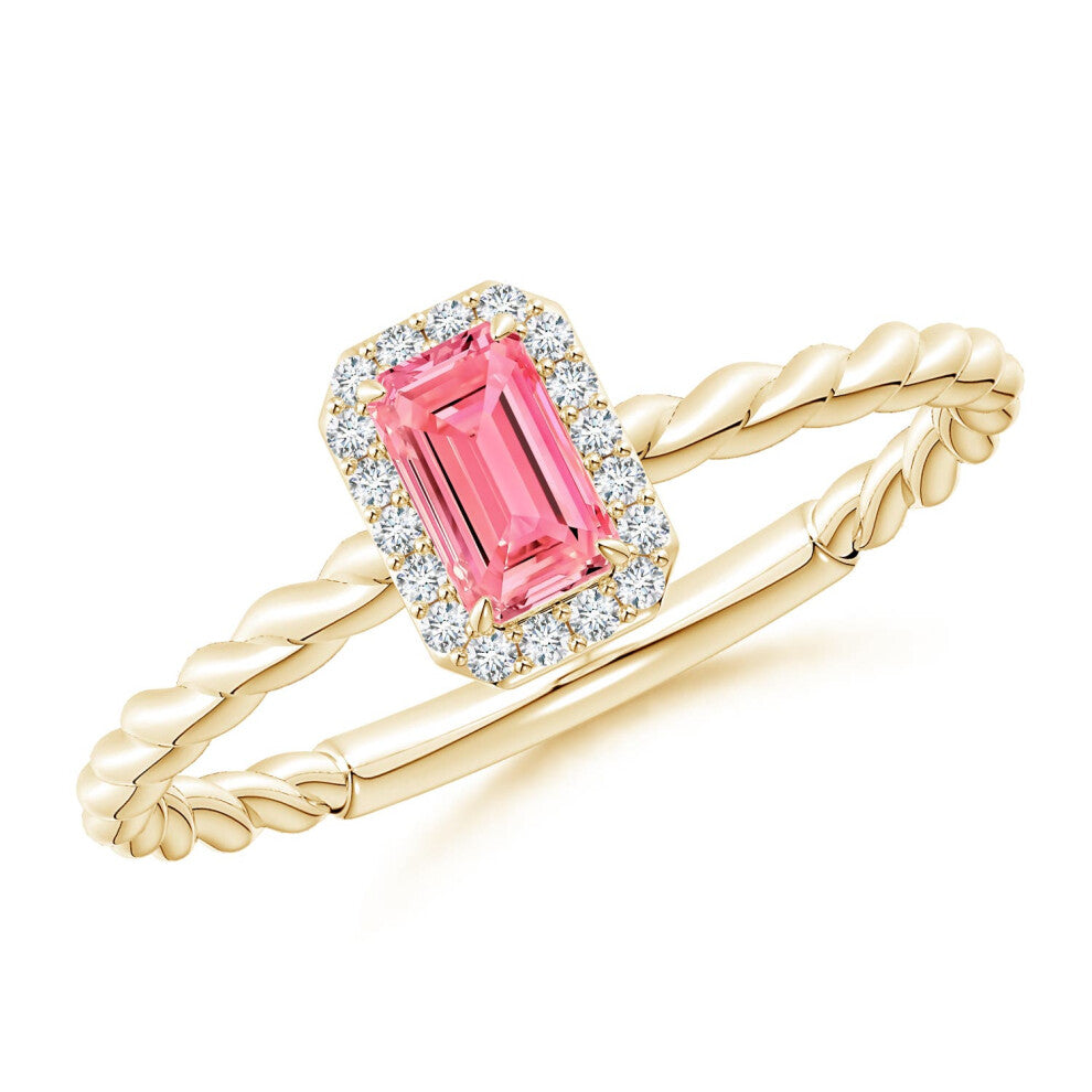 (R 1-2, 9ct Yellow Gold) Angara Emerald-Cut Lab-Grown Fancy Intense Pink Diamond Halo Twisted Shank Engagement Ring for Women