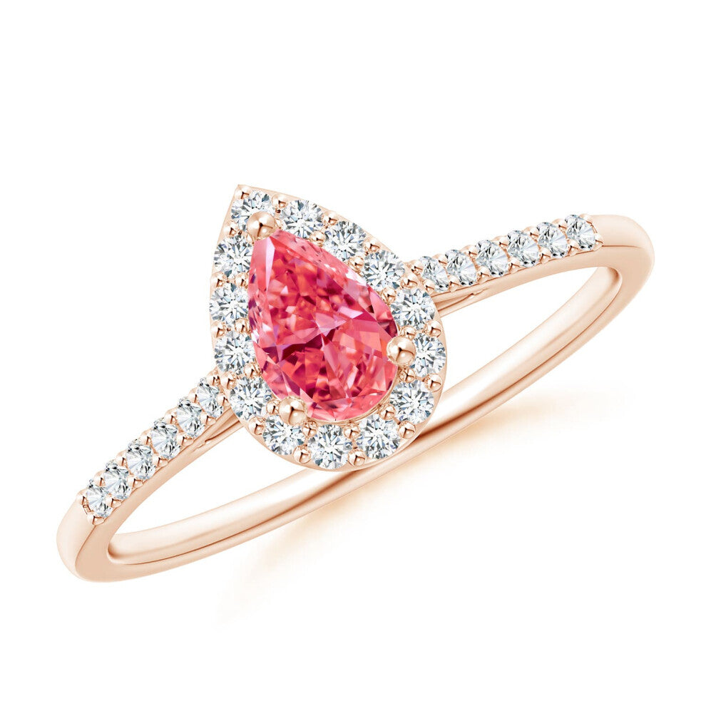 (M 1-2, 14ct Rose Gold) Angara Pear-Shaped Lab-Grown Fancy Intense Pink Diamond Halo Engagement Ring with Accents for Women