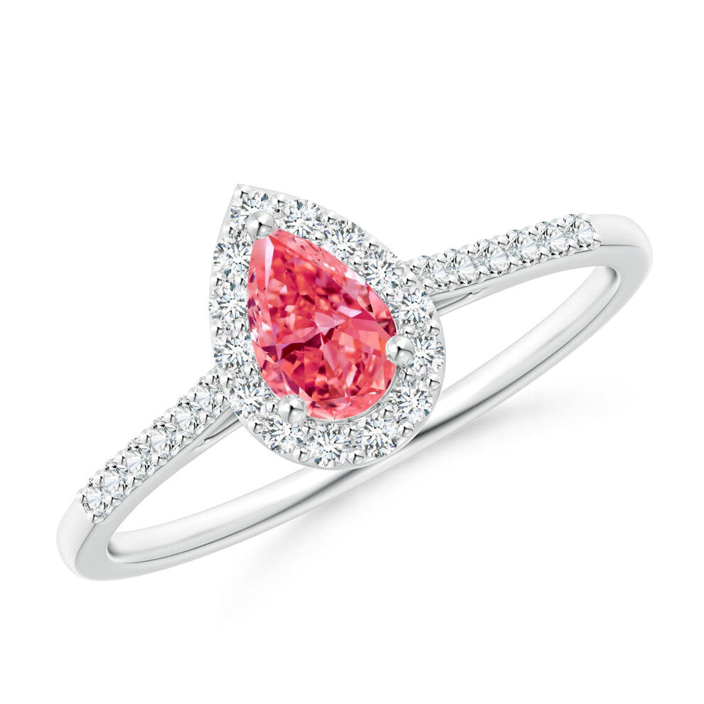(P 1-2, 9ct White Gold) Angara Pear-Shaped Lab-Grown Fancy Intense Pink Diamond Halo Engagement Ring with Accents for Women