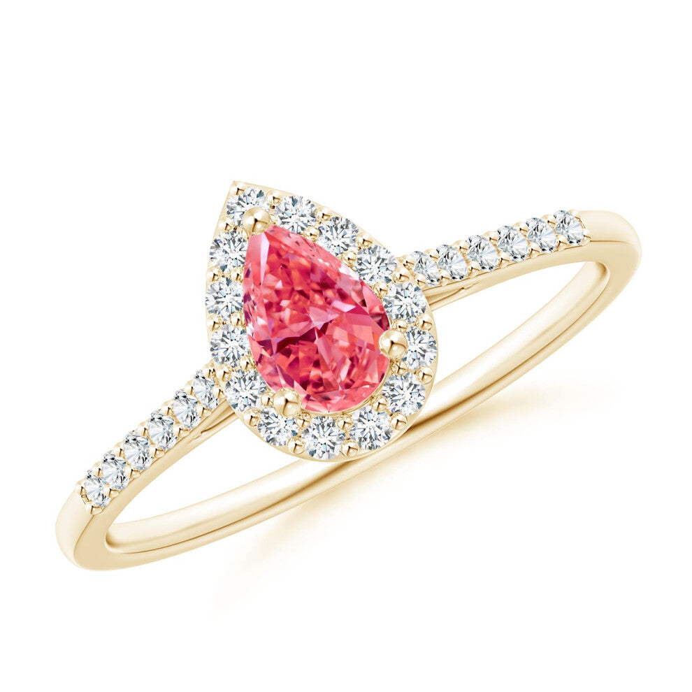 (P 1-2, 9ct Yellow Gold) Angara Pear-Shaped Lab-Grown Fancy Intense Pink Diamond Halo Engagement Ring with Accents for Women