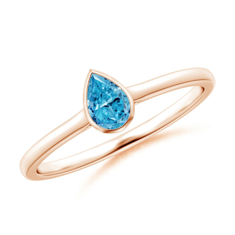 (O 1-2, 14ct Rose Gold) Angara Bezel-Set Solitaire Pear-Shaped Lab-Grown Fancy Intense Blue Diamond Engagement Ring for Women