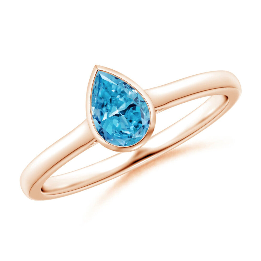 (Q 1-2, 14ct Rose Gold) Angara Bezel-Set Solitaire Pear-Shaped Lab-Grown Fancy Intense Blue Diamond Engagement Ring for Women
