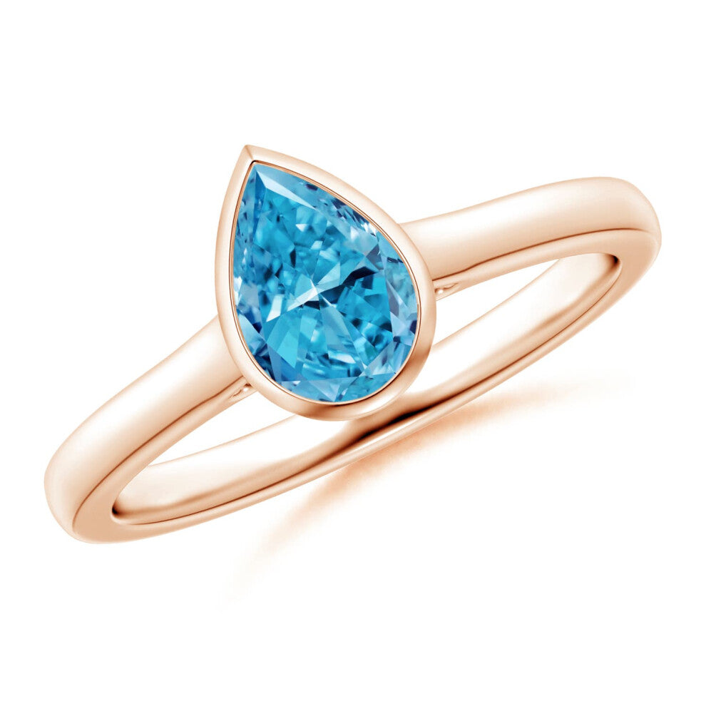 (N 1-2, 14ct Rose Gold) Angara Bezel-Set Solitaire Pear-Shaped Lab-Grown Fancy Intense Blue Diamond Engagement Ring for Women