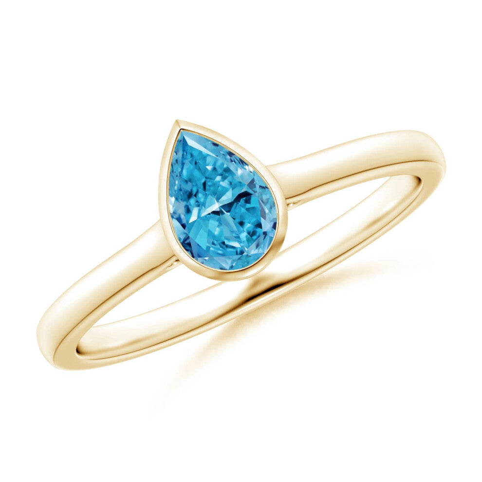 (K 1-2, 9ct Yellow Gold) Angara Bezel-Set Solitaire Pear-Shaped Lab-Grown Fancy Intense Blue Diamond Engagement Ring for Women