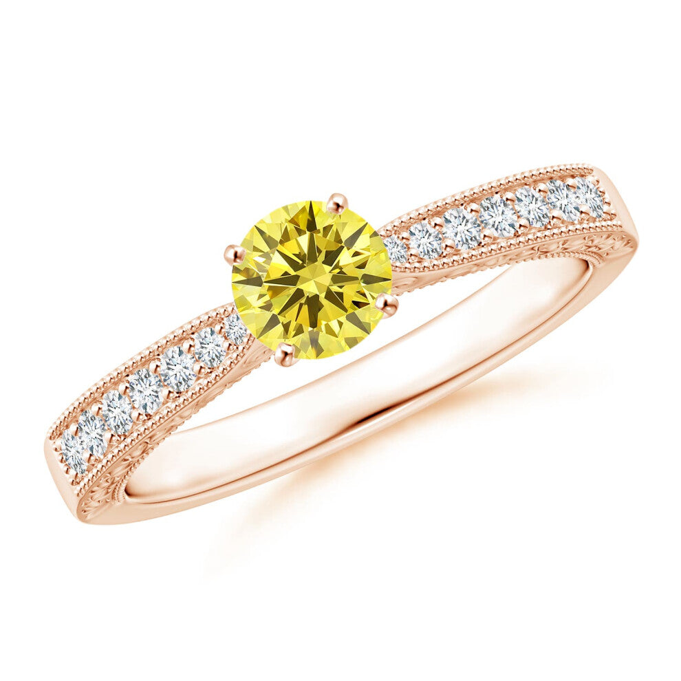 (Q 1-2, 14ct Rose Gold) Angara Lab-Grown Fancy Intense Yellow Diamond Solitaire Engraved Engagement Ring with Accents for Women