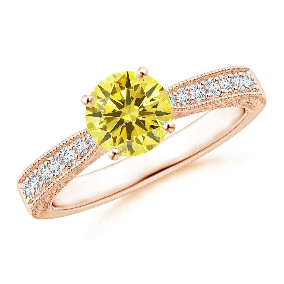 (R 1-2, 9ct Rose Gold) Angara Lab-Grown Fancy Intense Yellow Diamond Solitaire Engraved Engagement Ring with Accents for Women