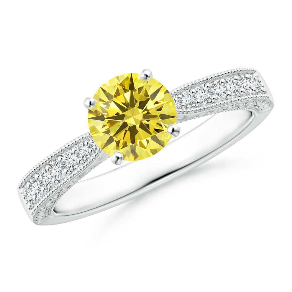 (J 1-2, 14ct White Gold) Angara Lab-Grown Fancy Intense Yellow Diamond Solitaire Engraved Engagement Ring with Accents for Women