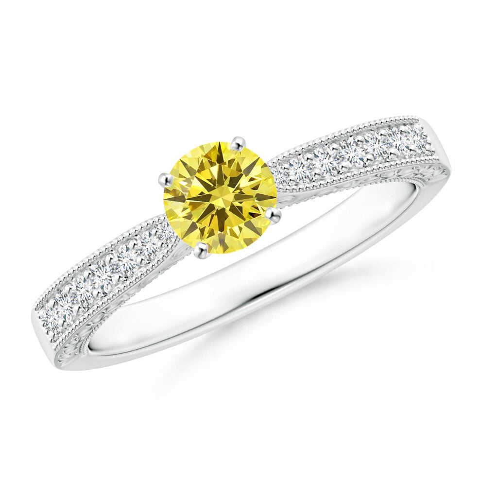 (M 1-2, 9ct White Gold) Angara Lab-Grown Fancy Intense Yellow Diamond Solitaire Engraved Engagement Ring with Accents for Women