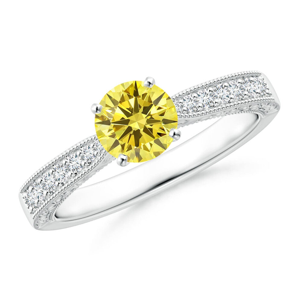 (Q 1-2, 9ct White Gold) Angara Lab-Grown Fancy Intense Yellow Diamond Solitaire Engraved Engagement Ring with Accents for Women