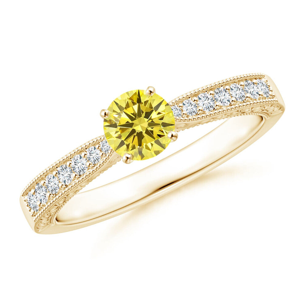 (Q 1-2, 14ct Yellow Gold) Angara Lab-Grown Fancy Intense Yellow Diamond Solitaire Engraved Engagement Ring with Accents for Women