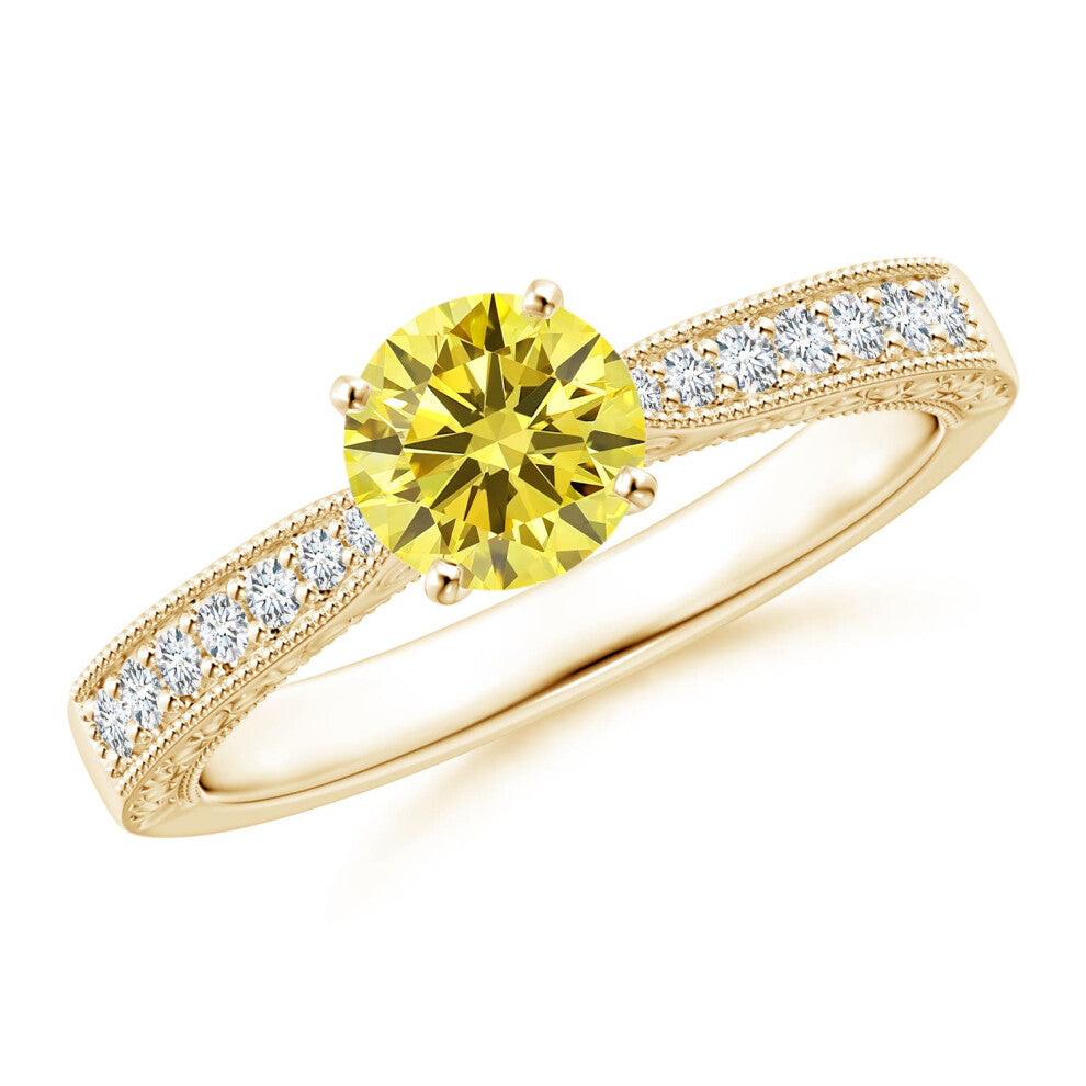 (R 1-2, 14ct Yellow Gold) Angara Lab-Grown Fancy Intense Yellow Diamond Solitaire Engraved Engagement Ring with Accents for Women