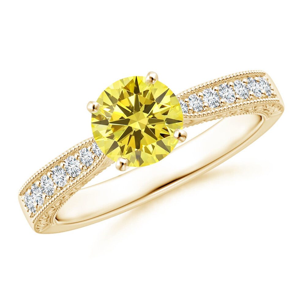 (R 1-2, 14ct Yellow Gold) Angara Lab-Grown Fancy Intense Yellow Diamond Solitaire Engraved Engagement Ring with Accents for Women
