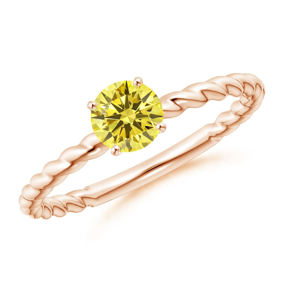 (S 1-2, 9ct Rose Gold) Angara Twisted Shank Round Lab-Grown Fancy Intense Yellow Diamond Solitaire Engagement Ring for Women