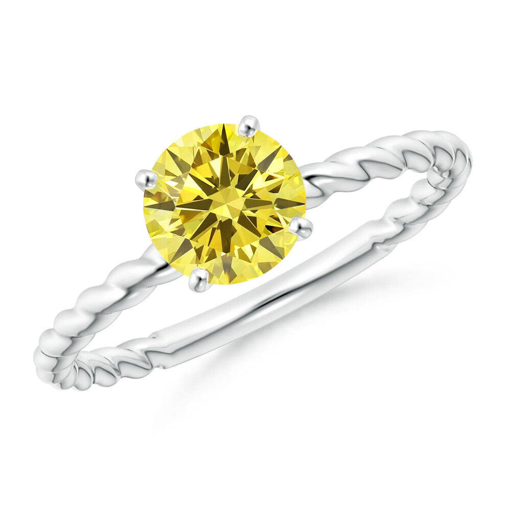 (S 1-2, 14ct White Gold) Angara Twisted Shank Round Lab-Grown Fancy Intense Yellow Diamond Solitaire Engagement Ring for Women