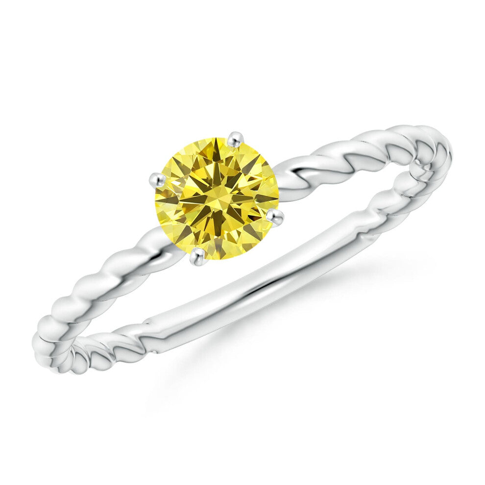 (P 1-2, 9ct White Gold) Angara Twisted Shank Round Lab-Grown Fancy Intense Yellow Diamond Solitaire Engagement Ring for Women