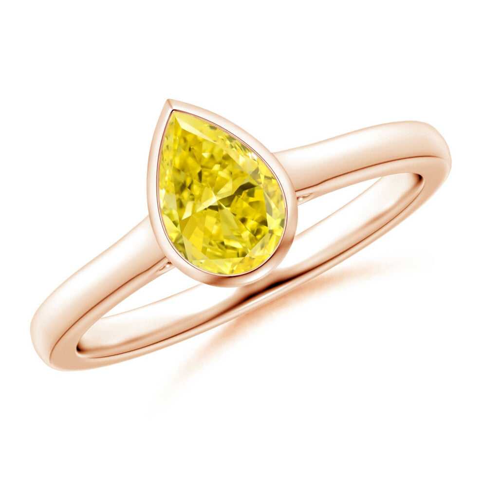 (S 1-2, 9ct Rose Gold) Angara Bezel-Set Solitaire Pear-Shaped Lab-Grown Fancy Intense Yellow Diamond Engagement Ring for Women