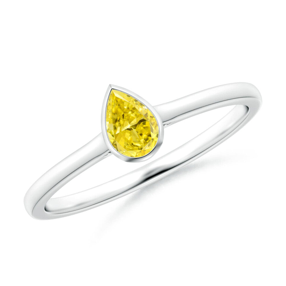 (N 1-2, 14ct White Gold) Angara Bezel-Set Solitaire Pear-Shaped Lab-Grown Fancy Intense Yellow Diamond Engagement Ring for Women