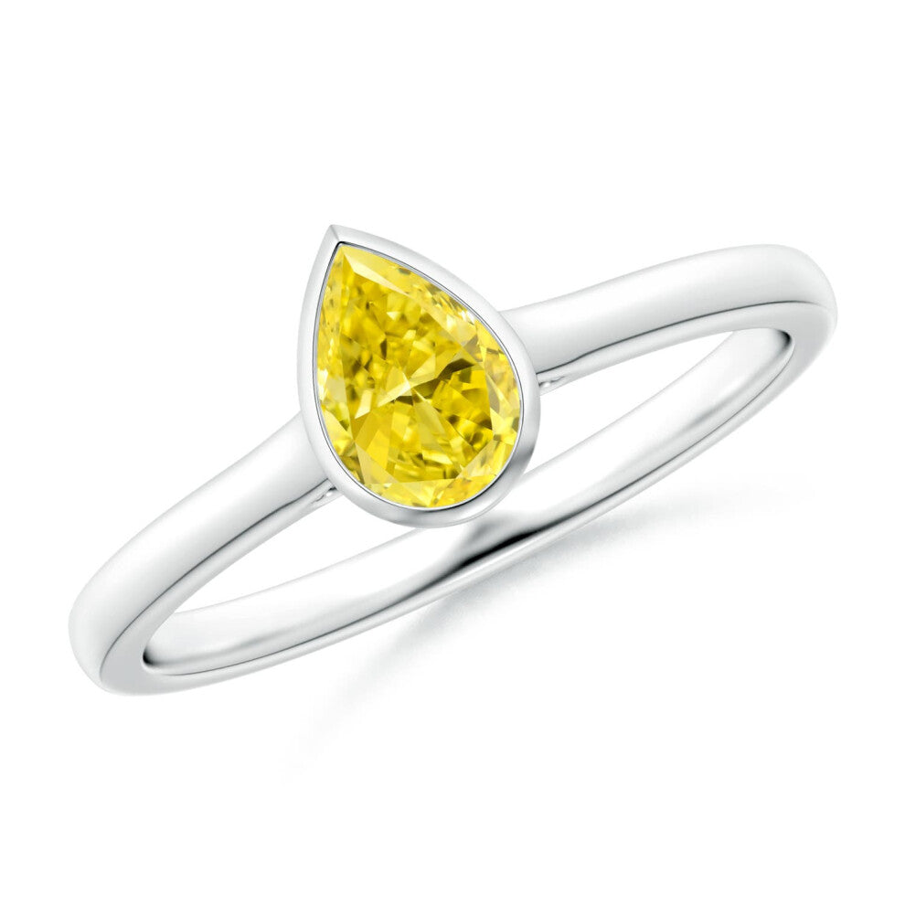 (L 1-2, 9ct White Gold) Angara Bezel-Set Solitaire Pear-Shaped Lab-Grown Fancy Intense Yellow Diamond Engagement Ring for Women